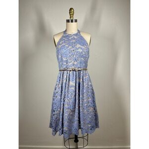 Eliza J Lace Halter Fit and‎ Flare Dress Belted Size 4P Dainty Coquette Cocktail